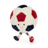Plush toy soccer ball with a smiling face on a white background