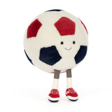 Plush toy soccer ball with legs and arms on a white background