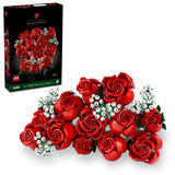 A buildable LEGO bouquet of red roses with green stems and white baby's breath, alongside its packaging box.