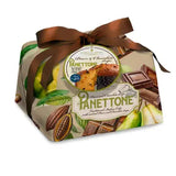 Panettone package with pear and chocolate flavor on a white background