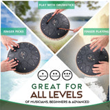 Promotional image of a steel tongue drum with playing methods and user levels indicated.