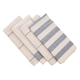 A set of four folded striped kitchen towels in natural and blue denim colors.