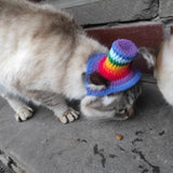 Cat wearing a colorful crocheted hat on a stone surface