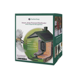 FeatherSnap smart solar powered birdfeeder box packaging, featuring a dark green and white design with product illustrations and feature callouts.