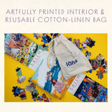 Cotton-linen bag with 'lans' branding on a yellow background with scattered puzzle pieces.