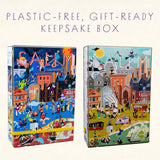 Two colorful puzzle keepsake boxes with a cityscape design on a white background, labeled 'Plastic-Free, Gift-Ready'.