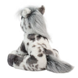 Plush toy horse with a spotted pattern on a white background