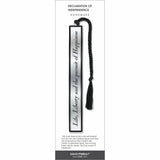 Black bookmark with text on a white background