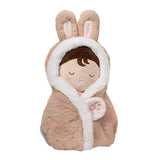 Plush toy with a hood resembling a rabbit, on a white background