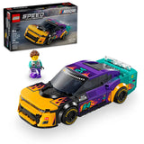 LEGO Speed Champions NASCAR car set with packaging and figure on a white background