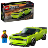 LEGO Speed Champions Dodge Challenger set with packaging and figure on a white background