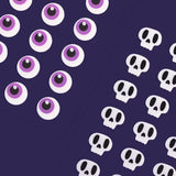 Pattern of white eyes with purple irises and small skulls on a dark blue background