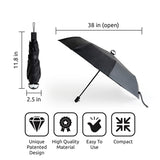 Black umbrella with measurements and feature icons on a white background