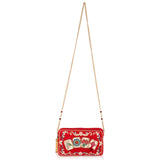 A red beaded clutch purse featuring four beaded mahjong tile designs on the front, gold-tone chain straps, and a gold tassel, shown on a white background.