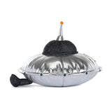 Silver UFO-shaped object with black accents on a white background