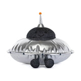 Toy resembling a silver flying saucer with a black top on a white background
