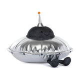 Black and silver plush spaceship on a white background