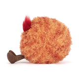 Plush toy resembling a fluffy orange creature with a red head on a white background