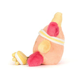 Plush toy with a sun-shaped body and pink accents on a white background