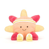 Plush toy with a sun-shaped body and pink accents on a white background