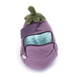 Purple bag shaped like an eggplant with green top on a white background