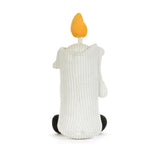 A white ribbed corduroy plush candle toy with a yellow-orange flame on top and small black feet, shown from the back on a white background.