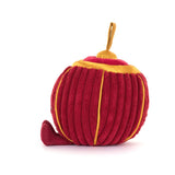 Red Chinese lantern plush toy with yellow accents on a white background.