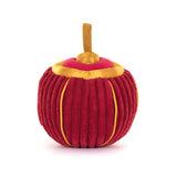 Red Chinese lantern plush toy with yellow accents on a white background.