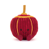 Red Chinese lantern plush toy with yellow accents on a white background.