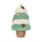 White and green plush tree covered in pinecones. Has a corded tan trunk with a smiling face embroidered on it.
