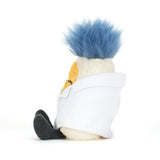 Plush toy resembling a character with blue hair and a white outfit on a white background
