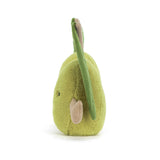 Green plush toy shaped like an olive with leaves on a white background