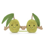 Two plush olive toys holding hands on a white background