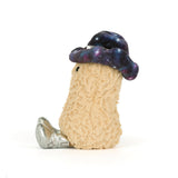 Toy figure of a character with a galaxy-patterned hat and silver shoes on a white background