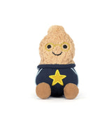 Plush toy resembling a peanut with glasses and a star on a white background