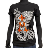 Black t-shirt with a decorative 'A' design on a white background