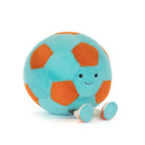 Plush toy soccer ball with a smiling face on a white background