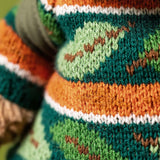Close-up of a knitted sweater with colorful patterns.