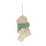 Tan plush bear ornament on a white background.