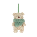 Tan plush bear ornament on a white background.