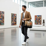 Man in a museum wearing a bag with 'PEM Museum' branding
