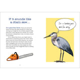 Book page with a white background, featuring a text paragraph about a chain saw and blue heron, plus an illustration of a blue heron with a speech bubble reading 'I'm a lumberjack and I'm okay' and a small orange chainsaw at the bottom left.