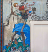 A close-up of a painted mural featuring Roman god Neptune with a beard and crown, holding a trident and standing on green fish, with two cherubs in red and blue garments. A white door frame is visible on the right side.
