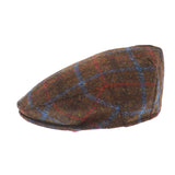 Harris Tweed wool flat cap in brown, red and blue tartan side view