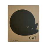 A hardcover book titled 'CAT' by Phaidon, featuring a minimalist black cat silhouette on a warm beige cover, photographed against a white background.