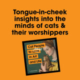 Book cover with a woman holding a cat and text about cats and their worshippers on an orange background