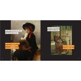Two classical paintings with added text overlays on a black background