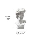 White marble bust with dimensions indicated on a white background