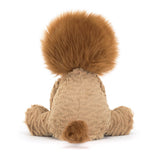 Back view of a plush lion toy with brown mane on a white background