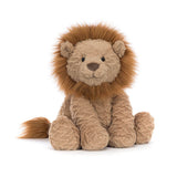 Stuffed lion toy with brown mane on a white background